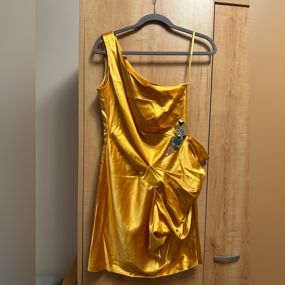 One Shoulder Yellow Satin Mini Dress